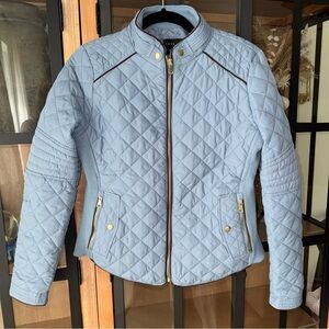Quilted dusty blue zip up jacket preppy equestrian zipper pockets high neck